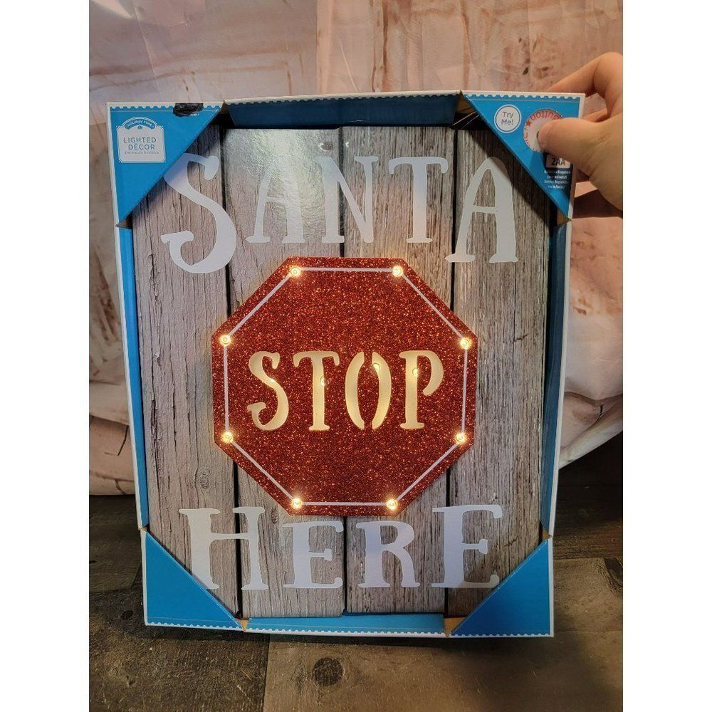 Holiday time Santa stop here lighted sign Xmas decor